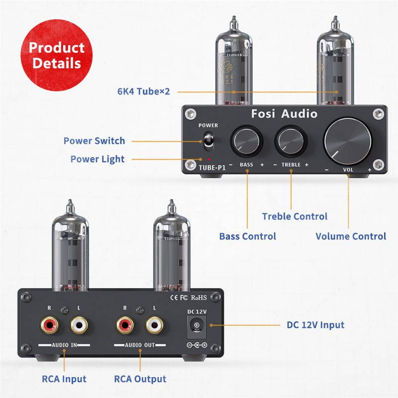 Fosi Audio P1 Tube Pre-Amplifier Mini Hi-Fi Stereo Buffer Preamp 6K4 Valve & Vacuum Pre-amp with Treble & Bass Tone Control for Home Theater System
