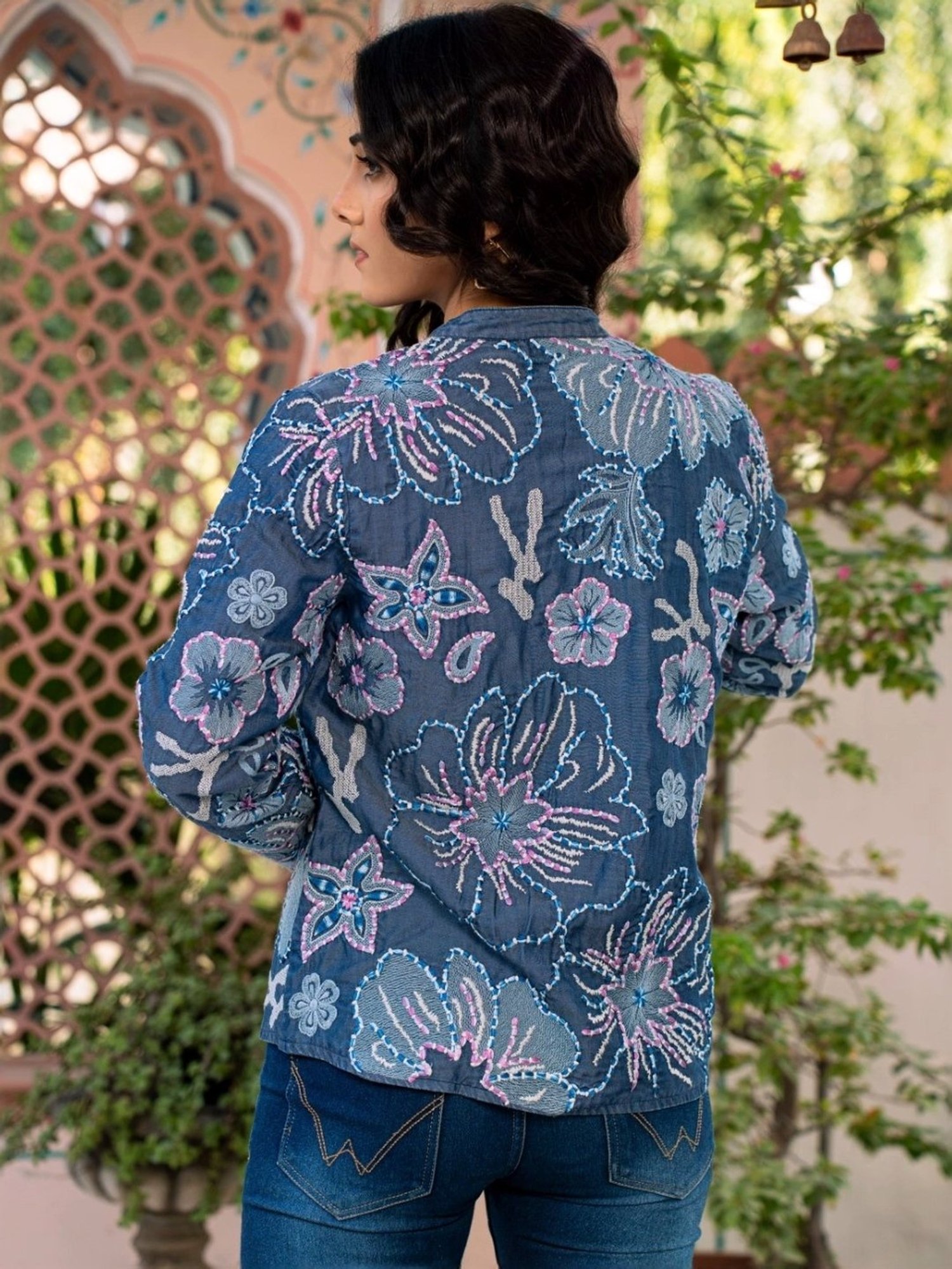 Zolo Label Blue Cotton Embroidered Jacket