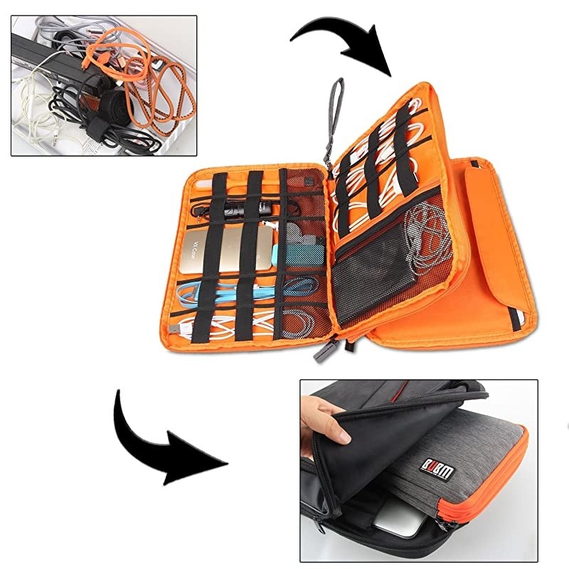 Travel Cable Organizer, Universal Electronic Accessories Bag Gear Storage for Cord, USB Flash Drive, Earphone and More, Perfect Size for iPad (Large, Grey and Orange)