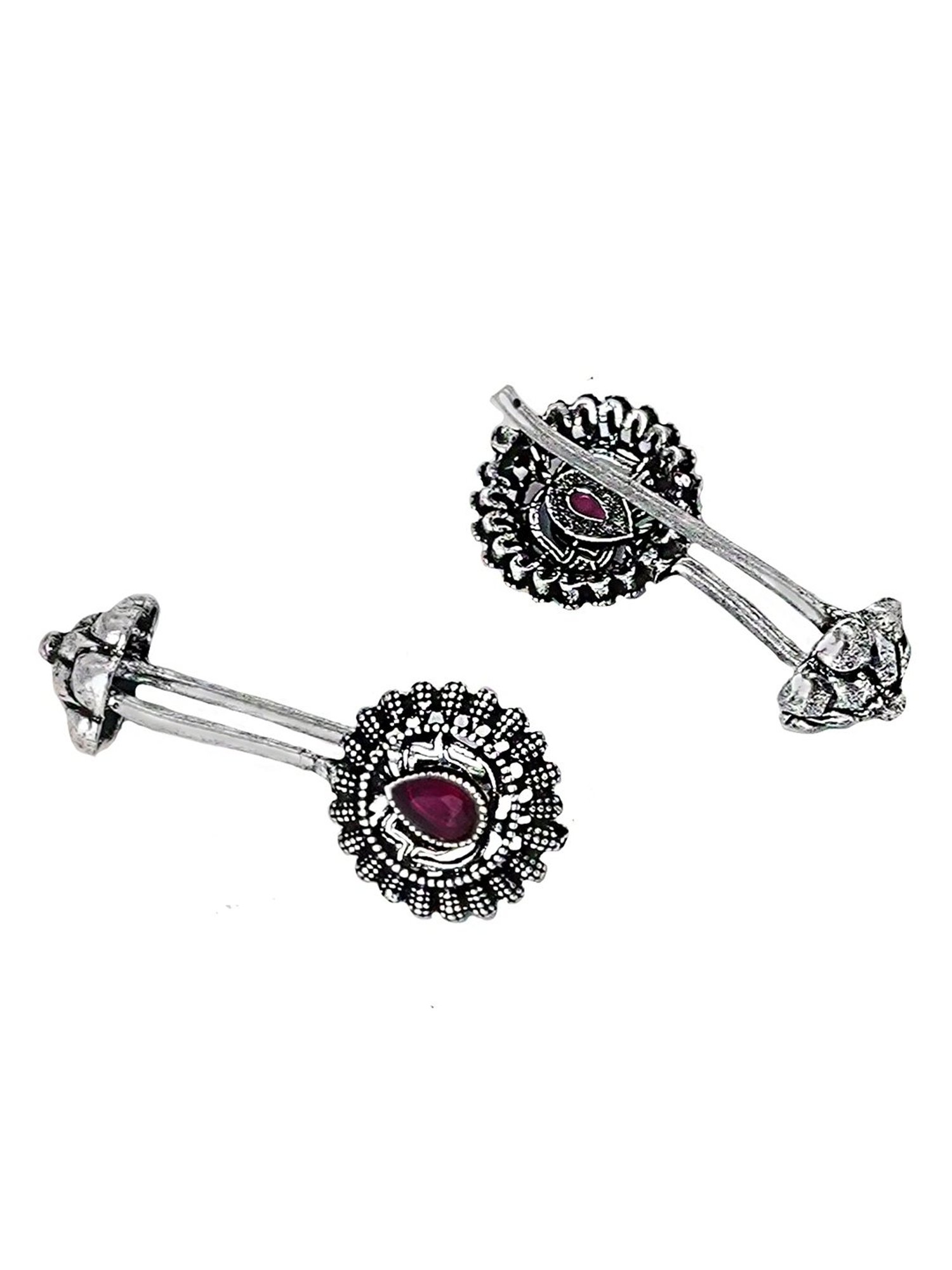 Teejh Ethnic Nitara Red Stone Silver Oxidized Ear Cuff Earrings