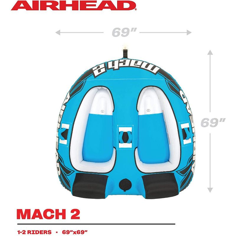 Airhead AHM2-2 Mach 2 Inflatable Two Rider Cockpit Lake Water Boating Towable Tube in Blue with Tow Point, Speed Safety Valve, and Handles