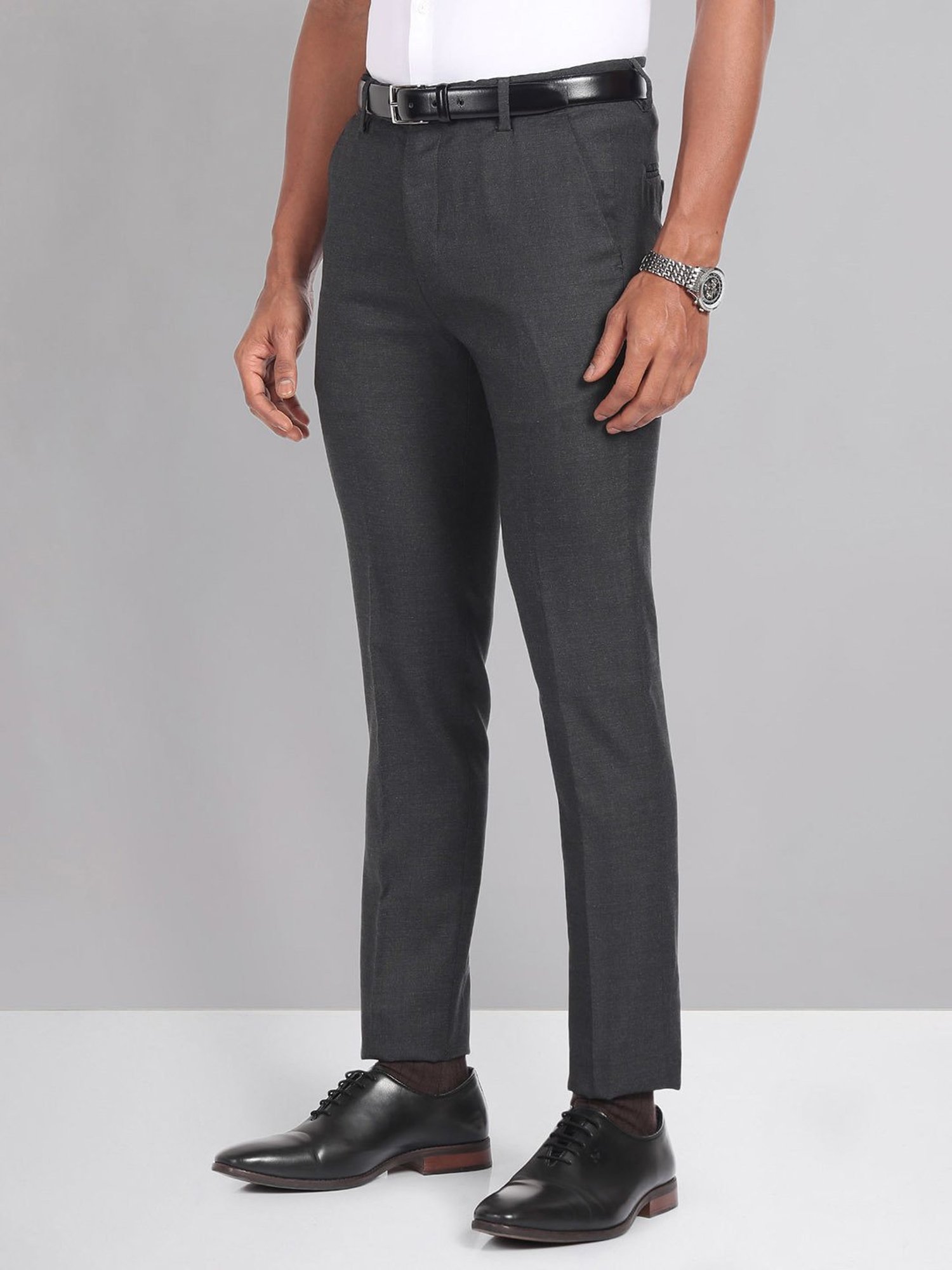 AD by Arvind Dark Grey Slim Fit Check Flat Front Trousers
