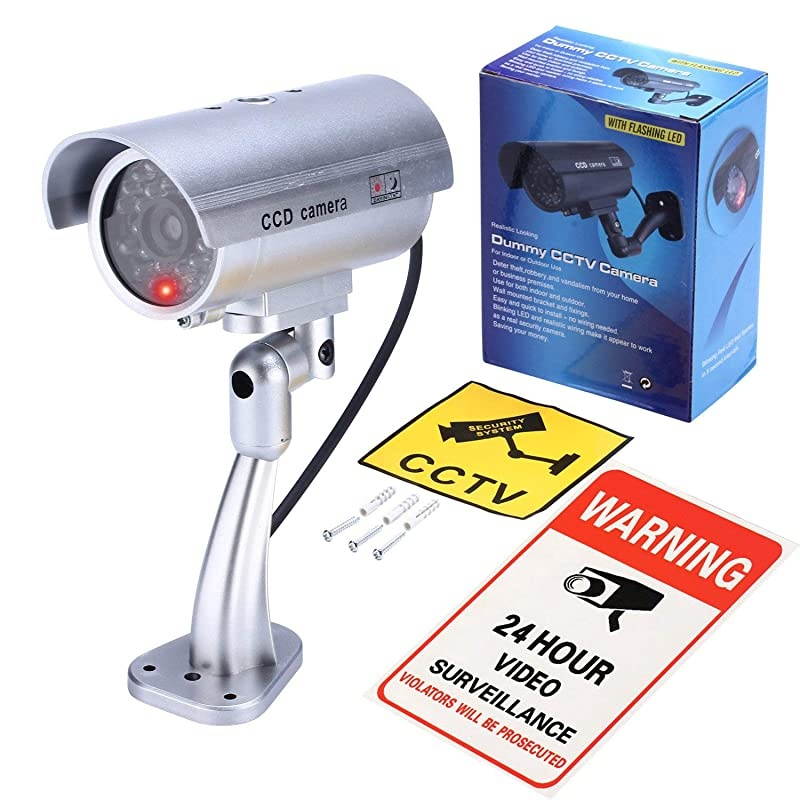 Dummy Security Camera Fake Cameras CCTV Surveillance System with Realistic Simulated LEDs for Home Security + Warning Sticker OutdoorIndoor Use 2 Pack