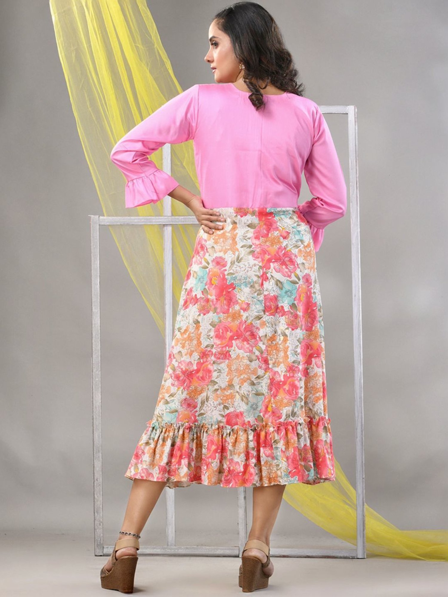 CHARUKRITI Baby Pink Floral Print A-Line Dress