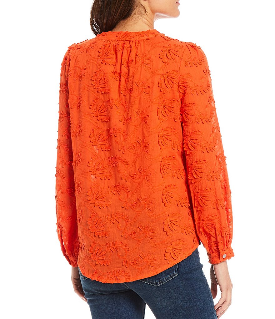 Tru Luxe Jeans Long Sleeve Split Round Neck Tonal Embroidered Button Front Top