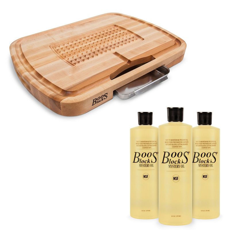 John Boos Block 24 Inch Ultimate Maple Wood Carving Board with Juice Groove and Pan Bundle with 16Oz Mystery Butcher Block Maintenance Oil (3 Pack)