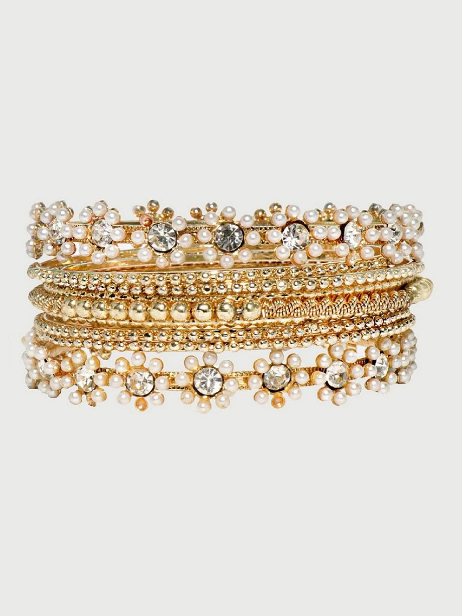 Fida Gold-toned Beaded & Stone Embellished Bangles for Women - Set of 9