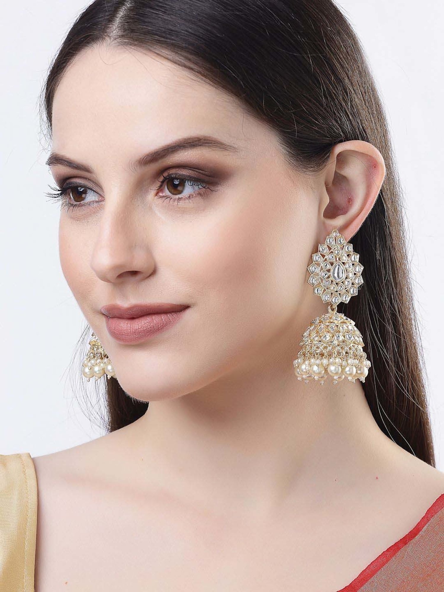 NVR Gold-Plated Handcrafted Kundan Dome Shaped Jhumki Earrings for Women