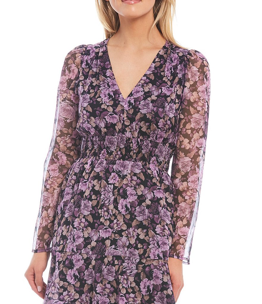 Lucy Paris Bristol Purple Floral Print V-Neck Smocked Waist Long Sleeve Tiered Midi Dress