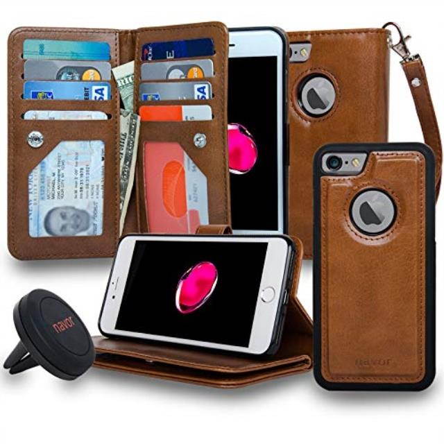 navor magnetic detachable wallet case and universal car mount, rfid protection, 8 card pockets, 3 money pockets compatible for iphone 7/8 4.7 inch joot3l brown ip73lbr