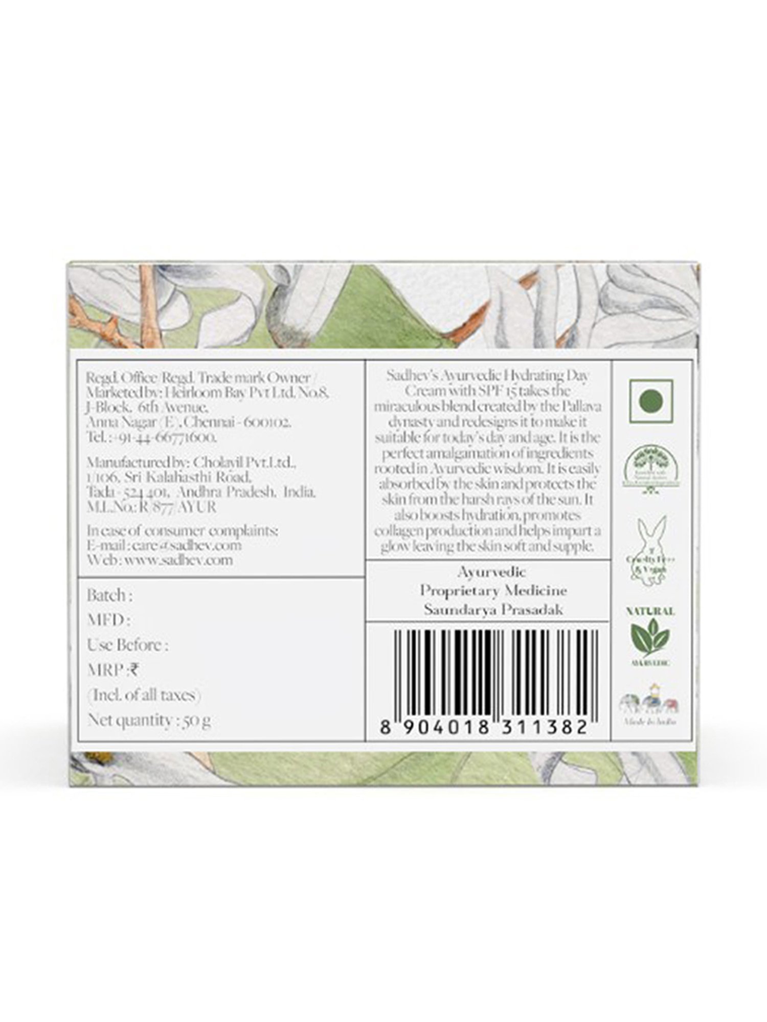 SADHEV The Art Of Ayurveda Ayurvedic Hydrating Day Cream SPF 15 - 50 gm