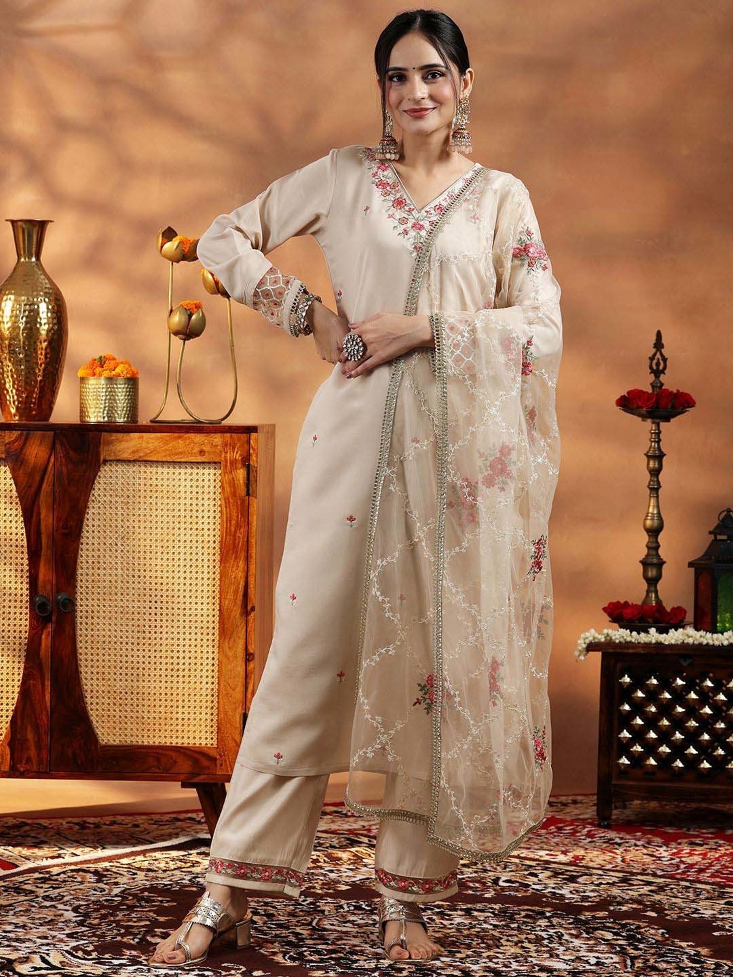 Libas Beige Embroidered Kurta Pant Set With Dupatta