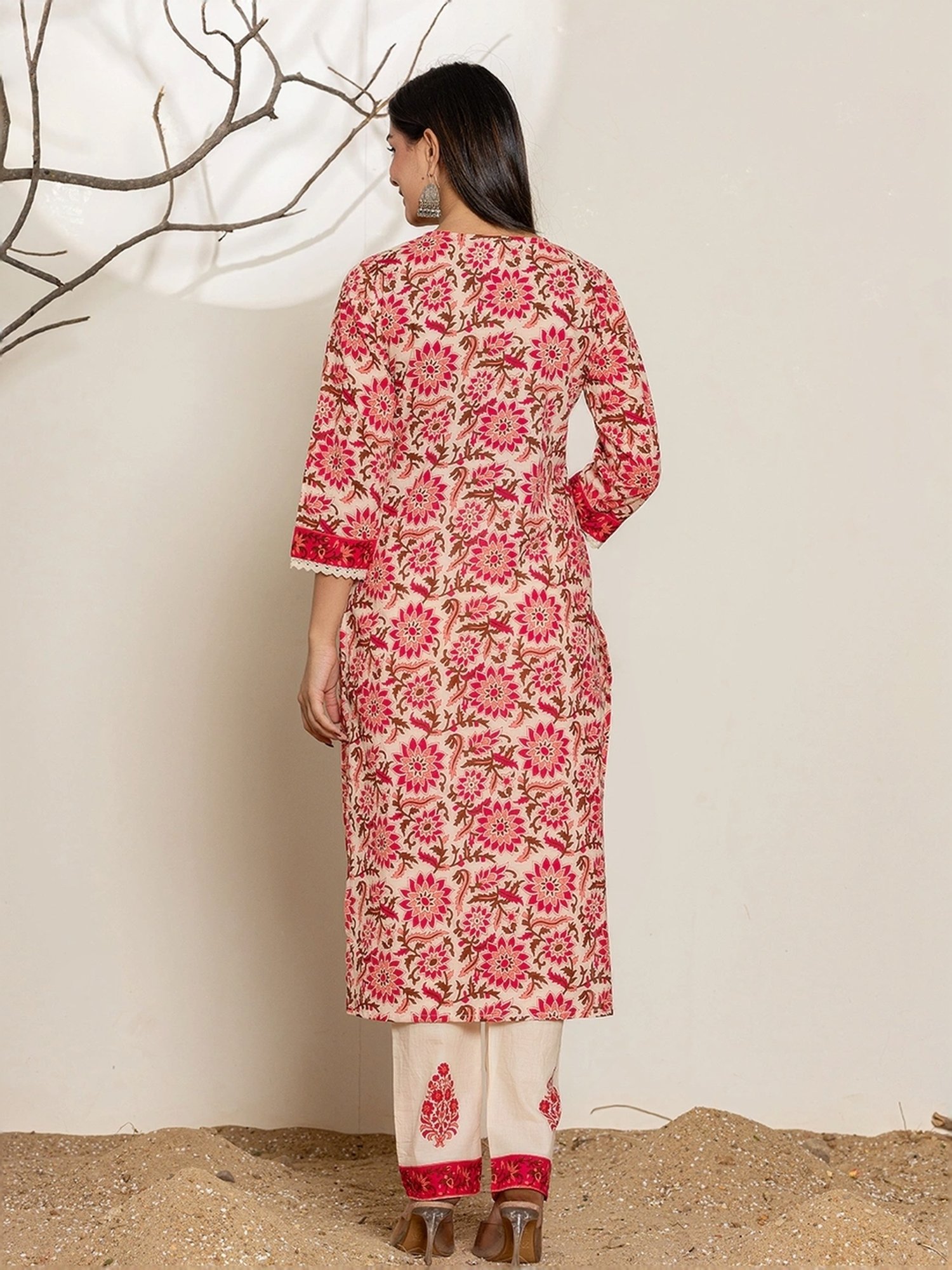 Yufta Pink & Cream Cotton Printed Kurta Pant Set With Dupatta