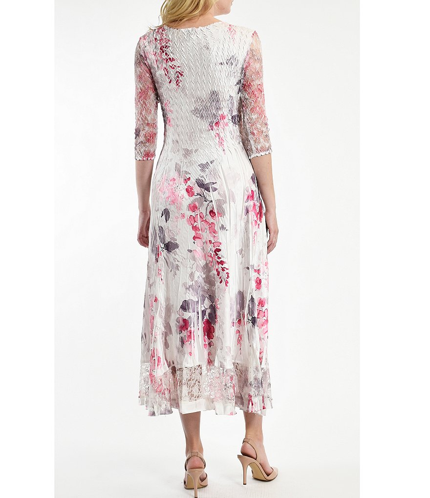 Komarov 3/4 Lace Sleeve Pleated Charmeuse Floral Print A-Line Midi Dress