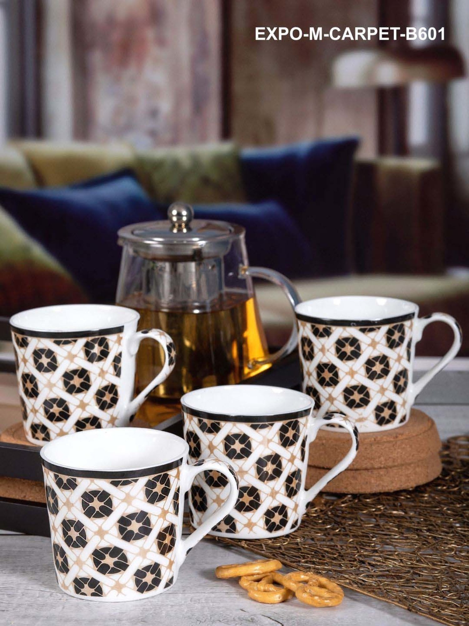 SONAKI White & Black Bone China Coffee Mug (0.2 L) - Set of 6