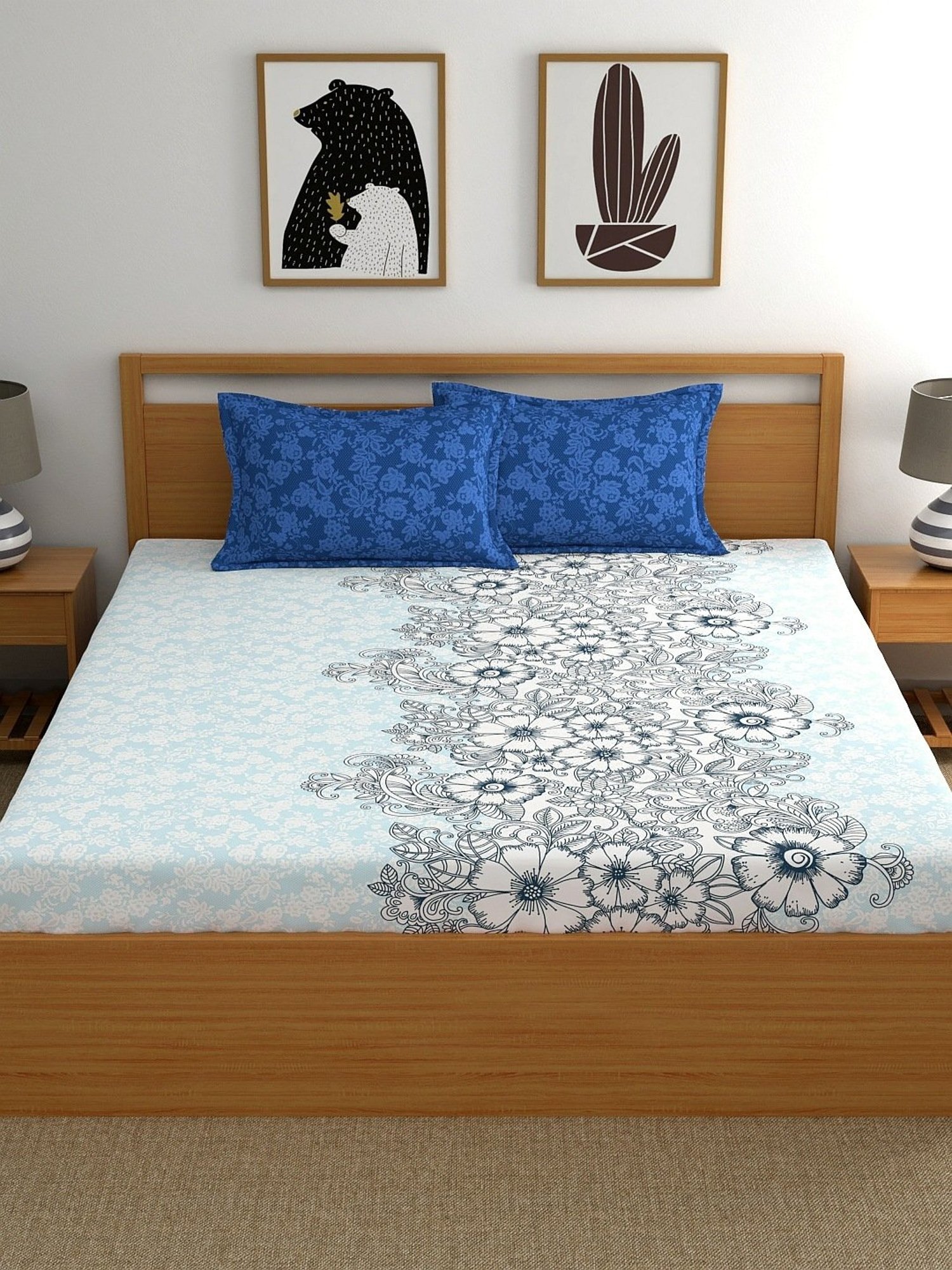 My Room Floral Blue 140 TC Cotton King Bed Sheet with 2 Pillow Covers