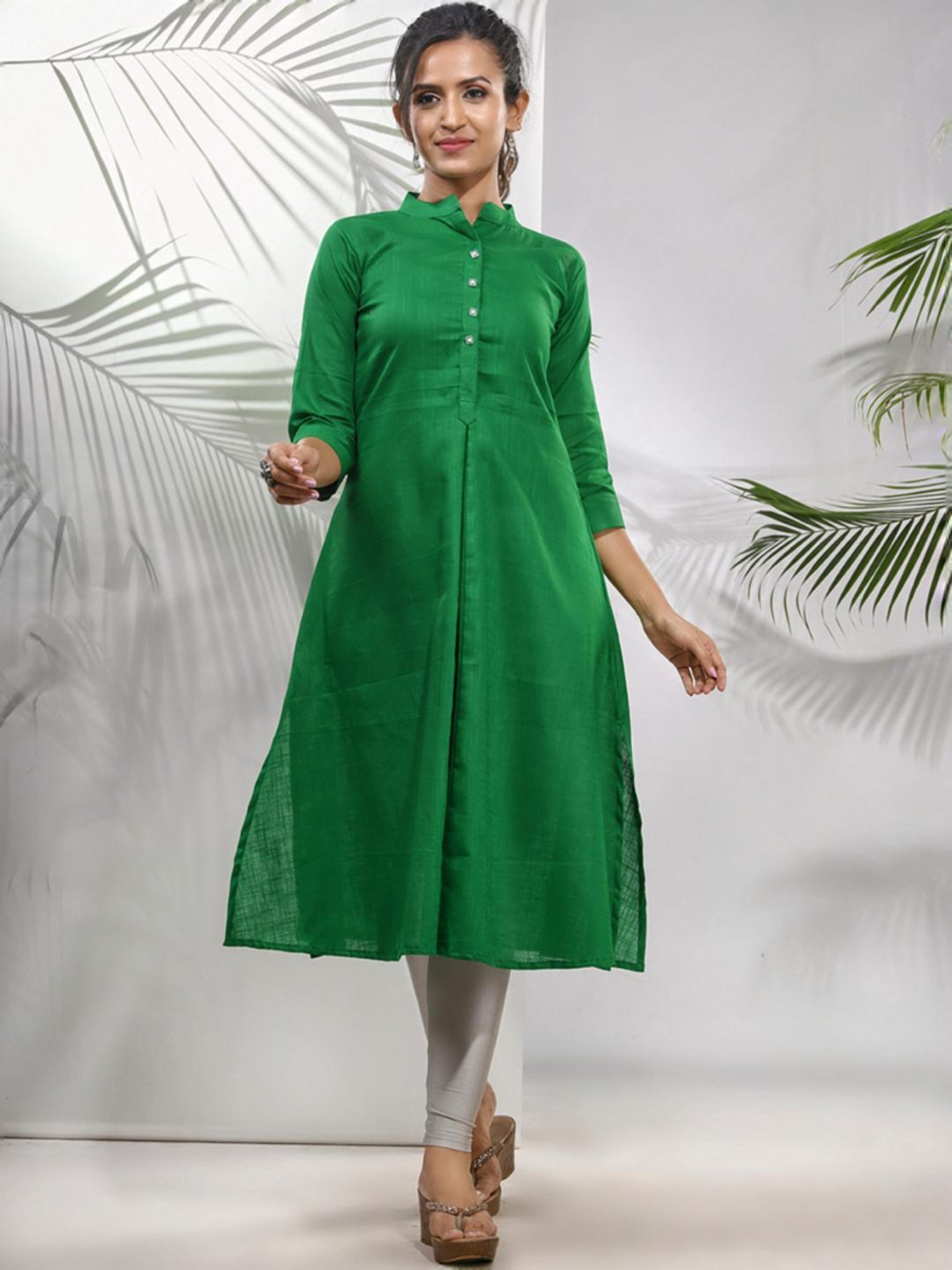 CHARUKRITI Green Cotton Woven Pattern A Line Kurta