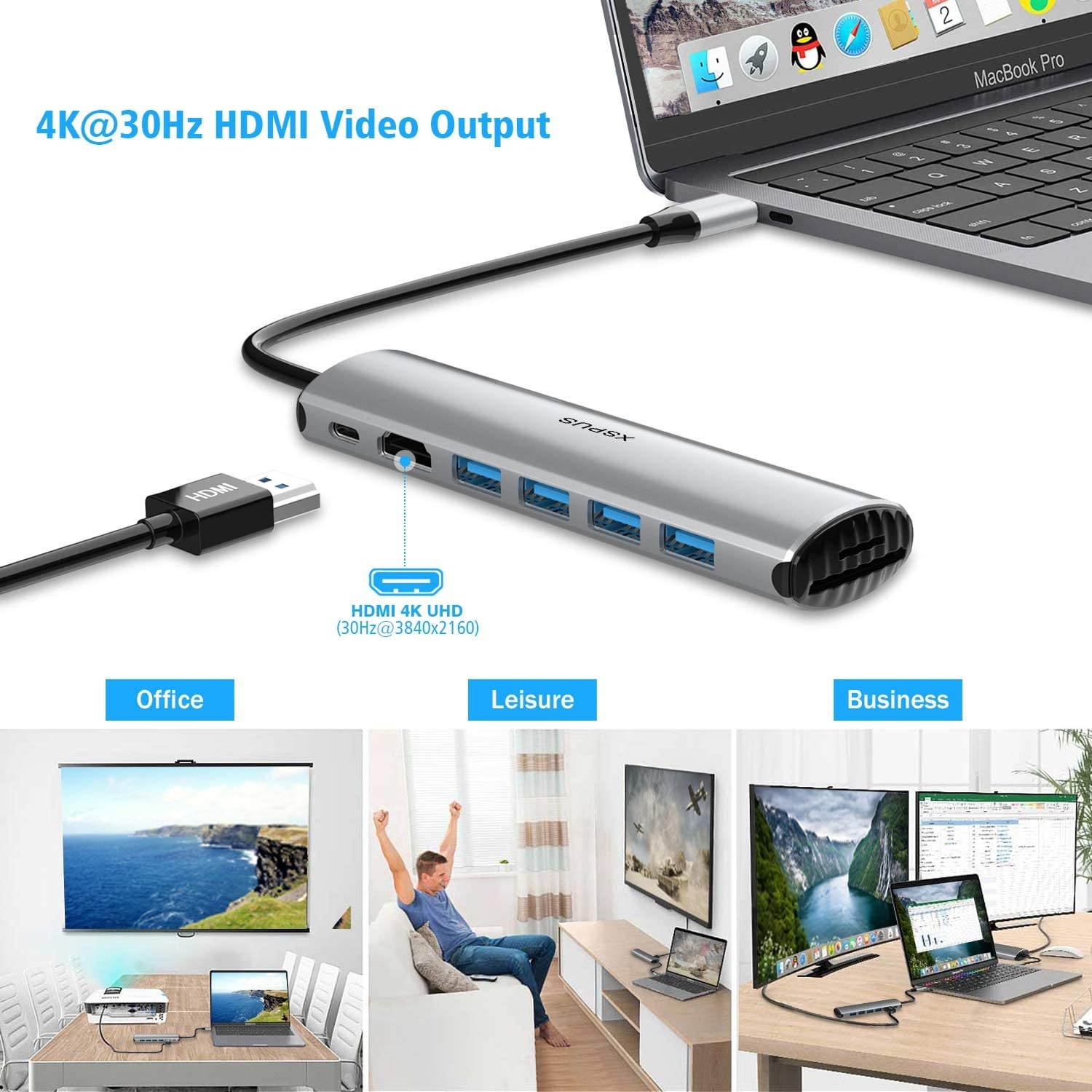 USB C Hub MacBook Pro Adapter - 8 in 1 Portable Aluminum USB C Dongle with USB C Charging, USB C to HDMI, 4 USB 3.0 Ports, SD/TF Card Reader, Compatible for MacBook Pro and More Type C Devices