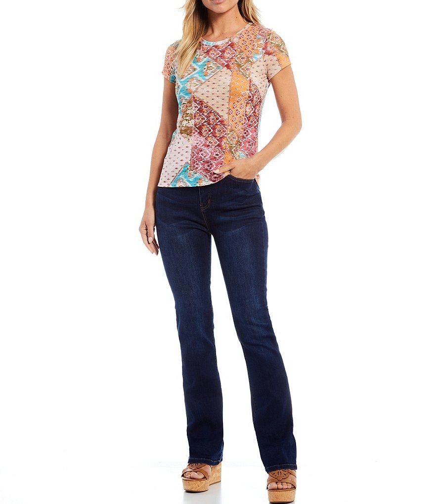 Reba Patchwork Print Jewel Neck Short Sleeve Burnout Knit Tee