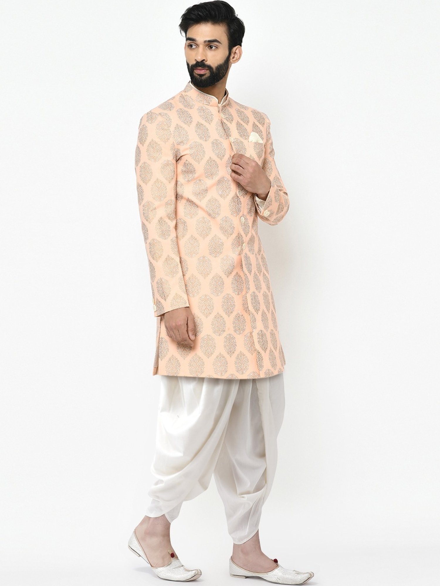 KISAH Peach & Grey Cotton Regular Fit Printed Sherwani Set