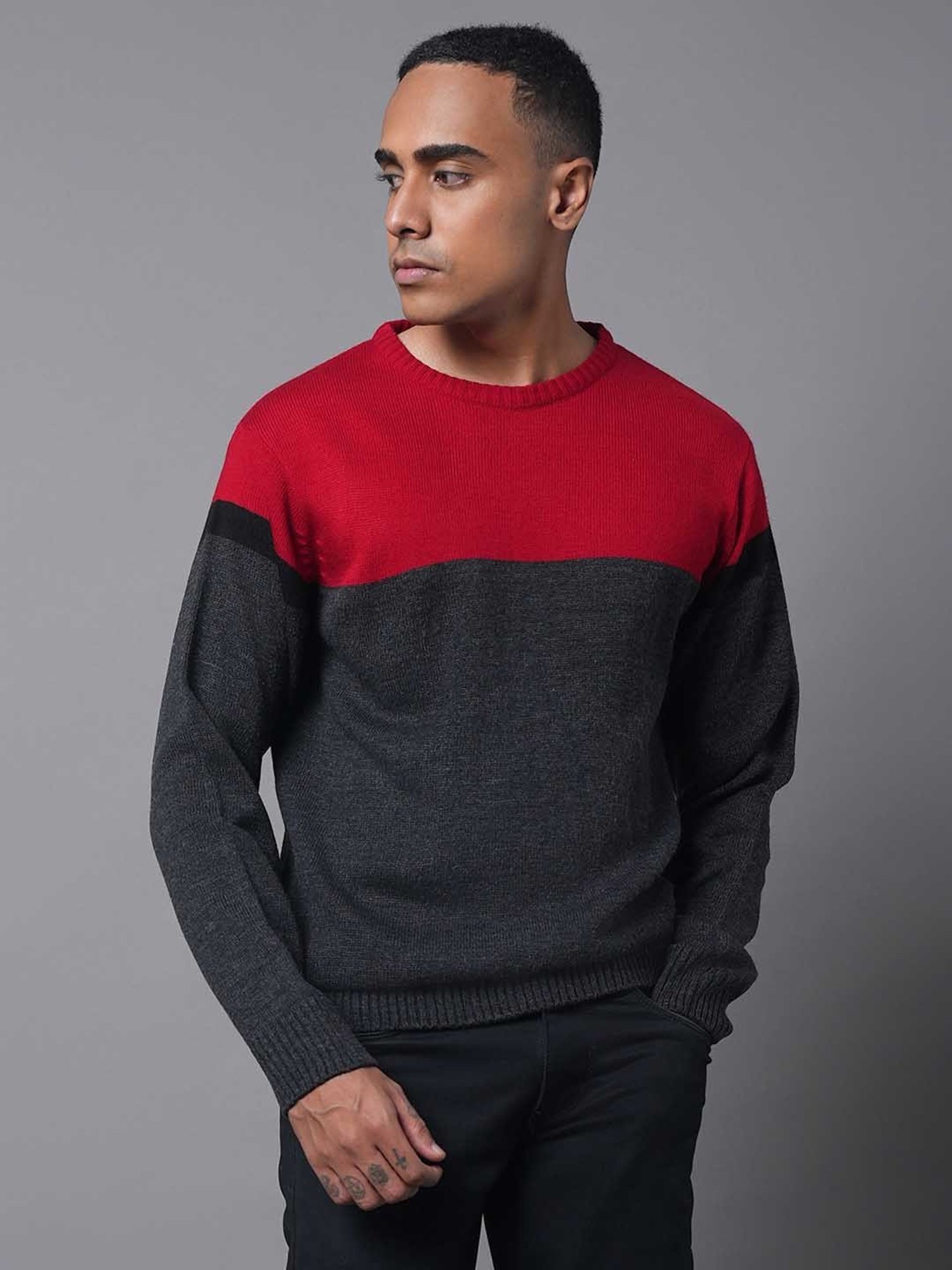High Star Dark Grey & Red Regular Fit Sweater