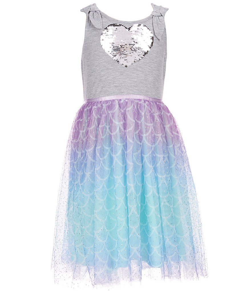 Zunie Little Girls 4T-6X Bow Sleeveless Flip Sequin Heart Mermaid Scale Mesh Tutu Dress