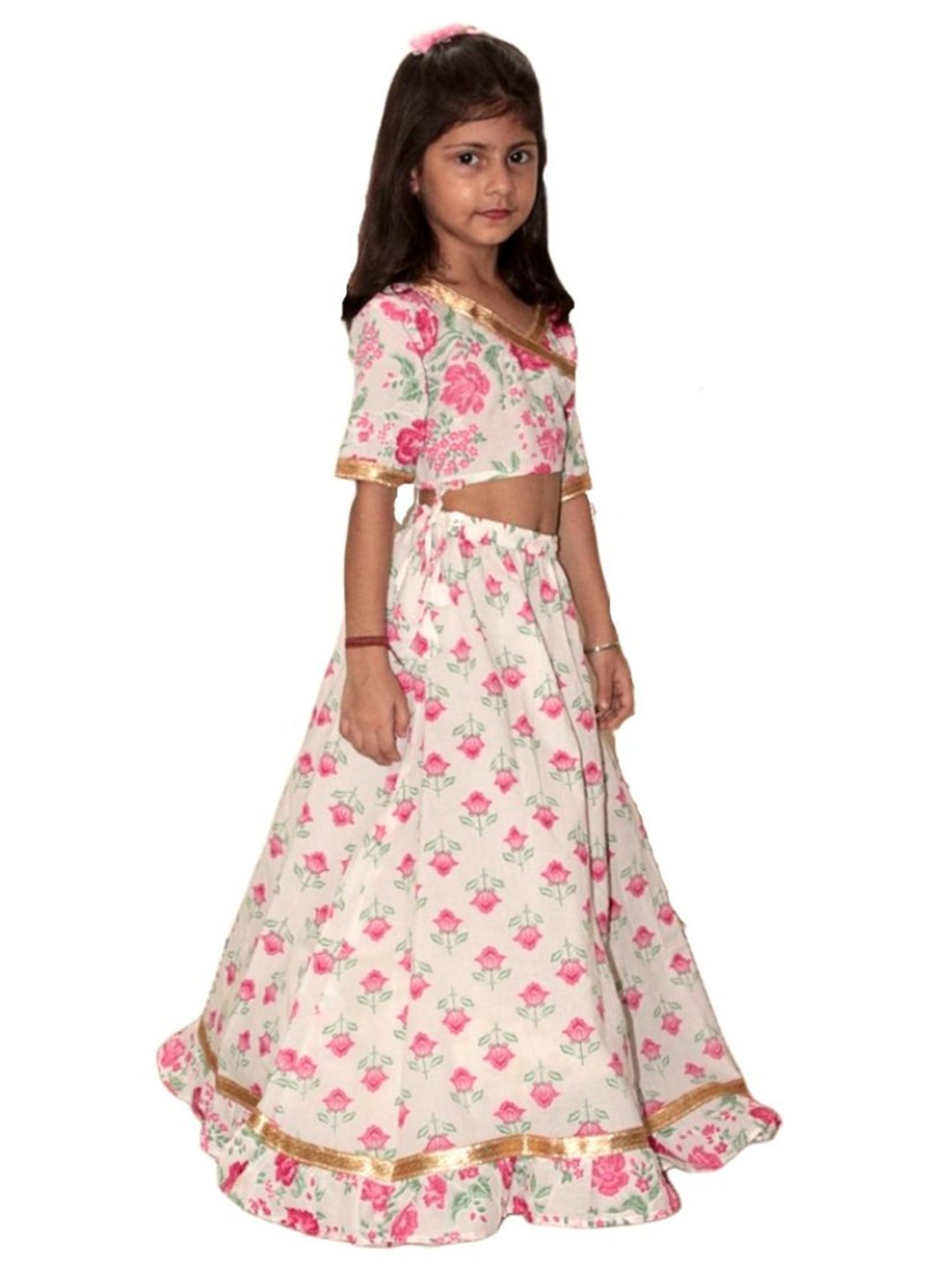 Tippy Top Kids White & Pink Floral Print Lehenga with Choli