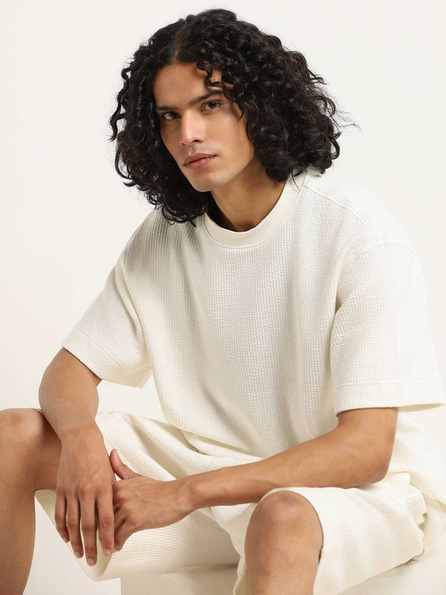 Studiofit by Westside Off-White Textured Relaxed Fit T-Shirt