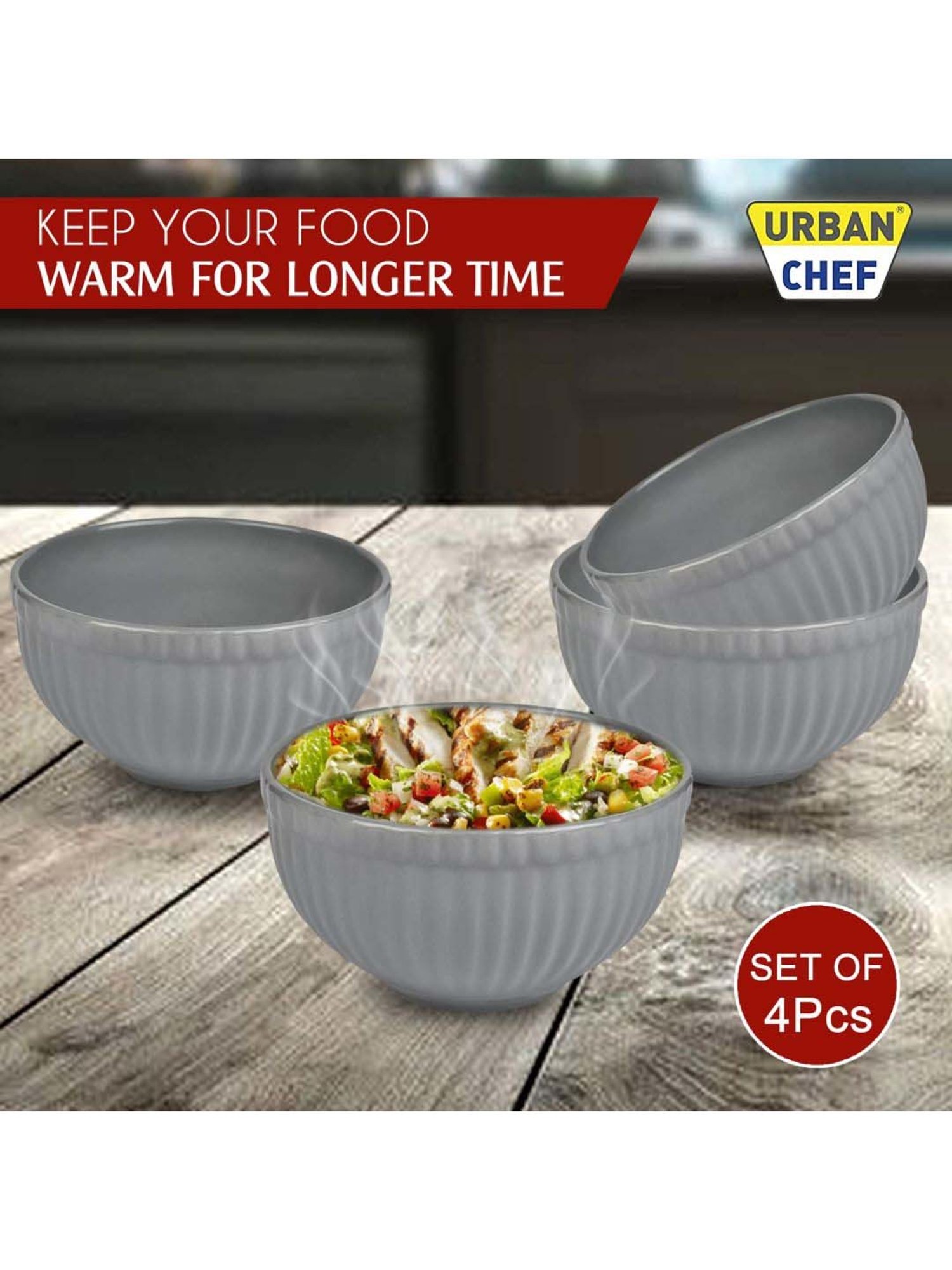 Urban Chef Grey Ceramic Handcrafted Microwave Safe Bowl - Set of 4
