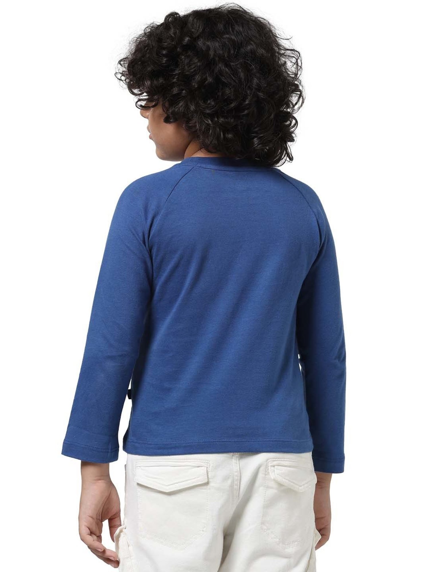 Jack & Jones Junior Blue & Yellow Cotton Printed Full Sleeves T-Shirt