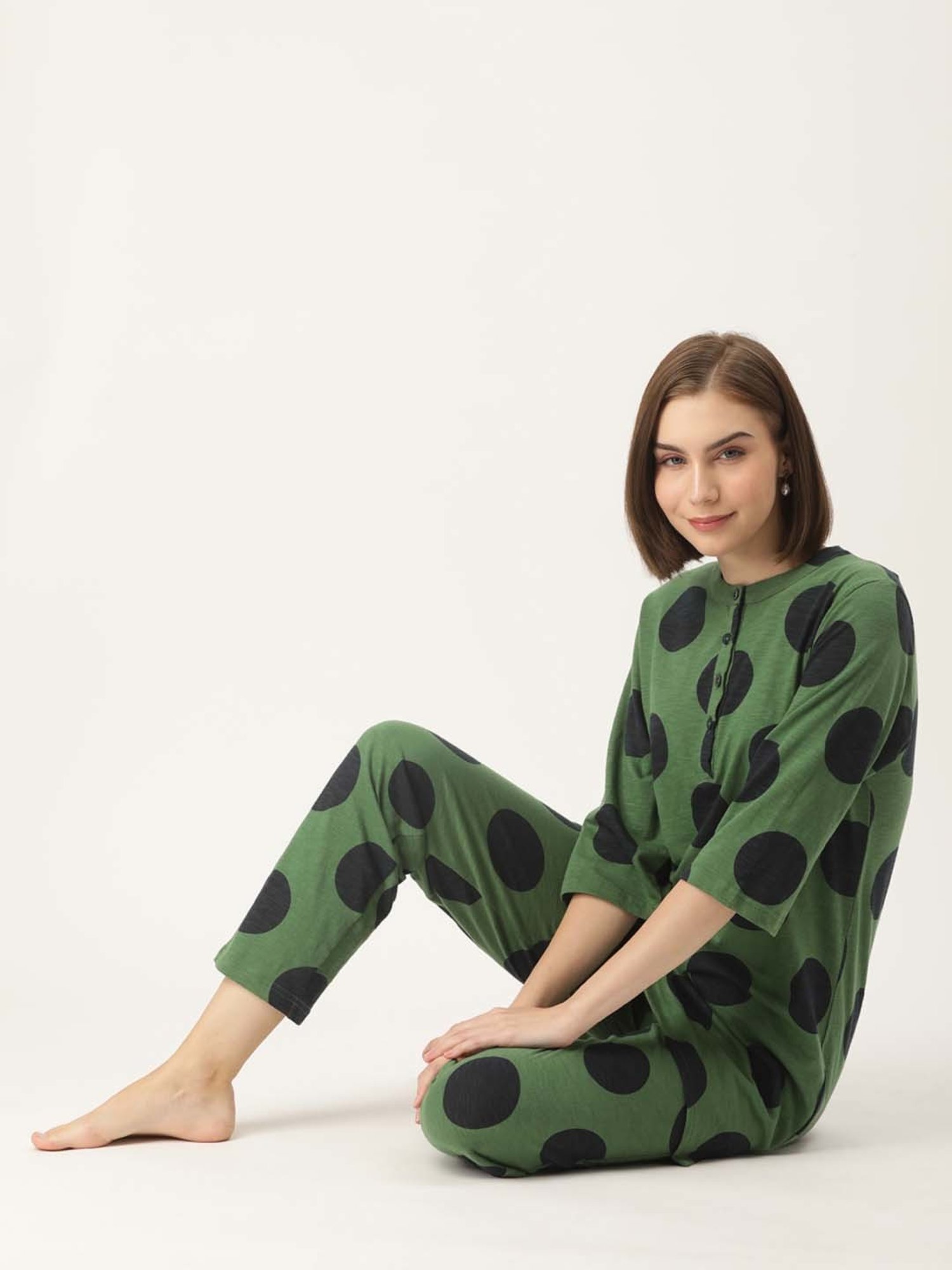 Clt.s Green Cotton Polka Dots Kurti Pyjama Set