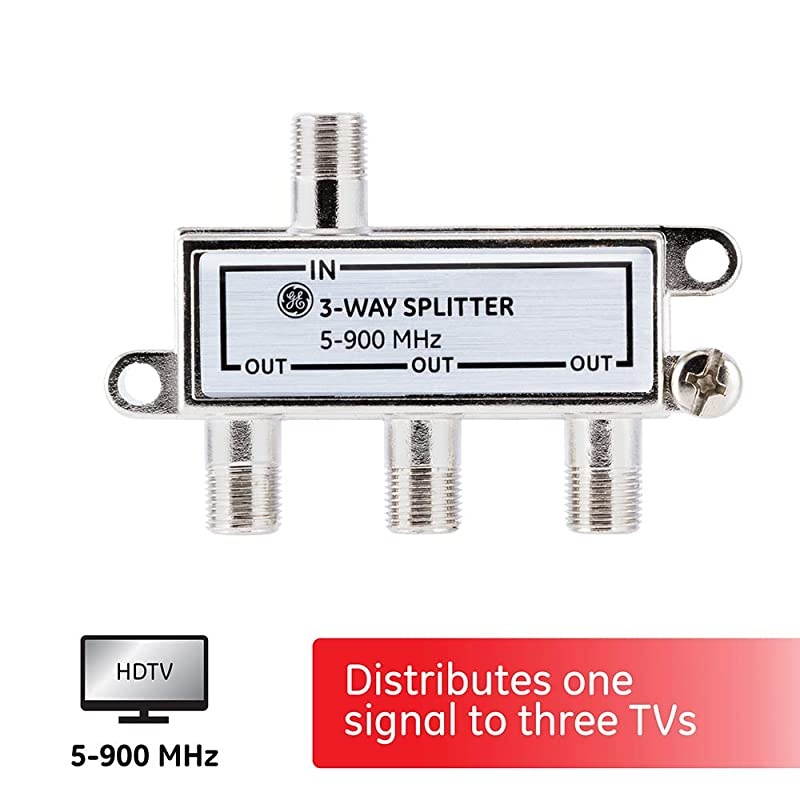 3-Way Coaxial Cable Splitter, 5-900 MHZ Ran, RG59 RG6 Coax Compatible, Audio, Video, Works with HD TV, Cable, Amplifiers, Amplified Antennas, Nickel, Corrosion Resistant, 35048