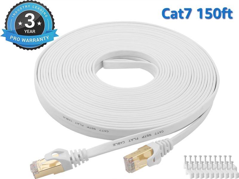 Cat 7 Ethernet Cable 100 ft LAN Cable Internet Network Cord for PS4, Xbox, Router, Modem, Gaming, White Flat Shielded 10 Gigabit RJ45 High Speed Computer Patch Wire.