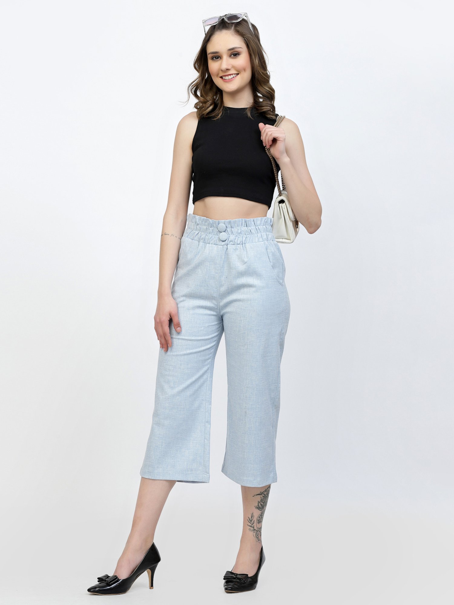 Westwood Sky Blue Relaxed Fit Mid Rise Crop Pants
