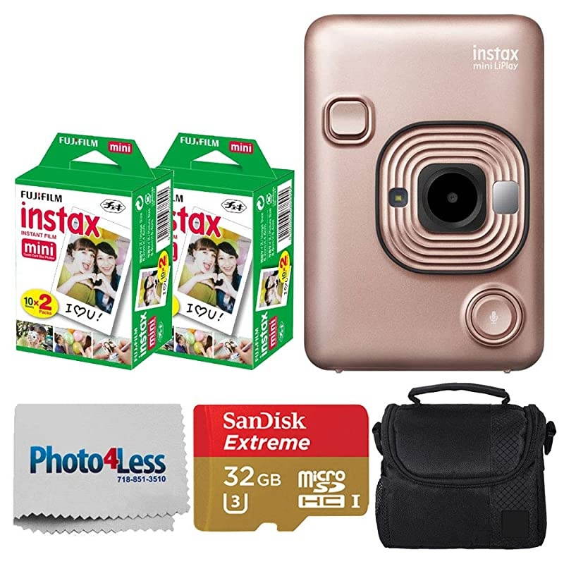 Instax Mini Liplay Beige Gold Camera +  Instax Mini Twin Pack Instant Film (16437396) 2 Pack + 32GB SD Card + Case + Cloth