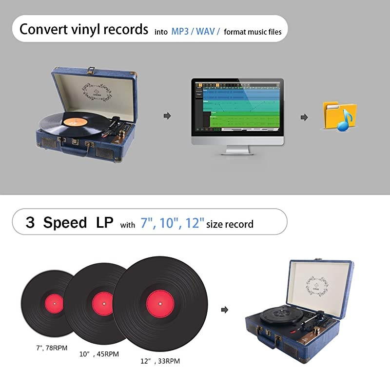 Record Player  Portable Suitcase Bluetooth Turntable for Vinyl Record BeltDrive 3Speed Stereo Turntable with Speakers Support Power Bank Supply 35mm Headphone RCA Audio Output