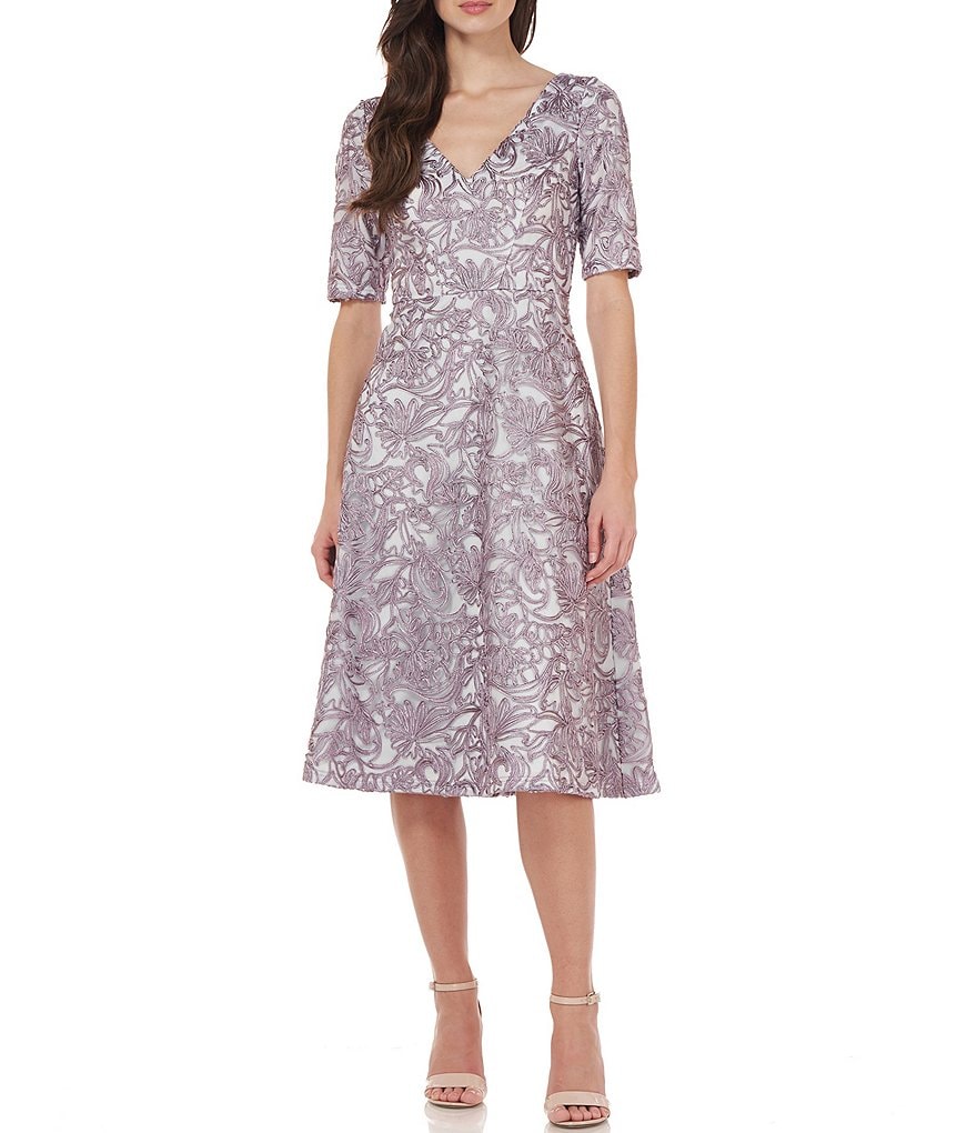 JS Collections Hazel Lace Fit & Flare Short Sleeve V-Neck Midi Dress