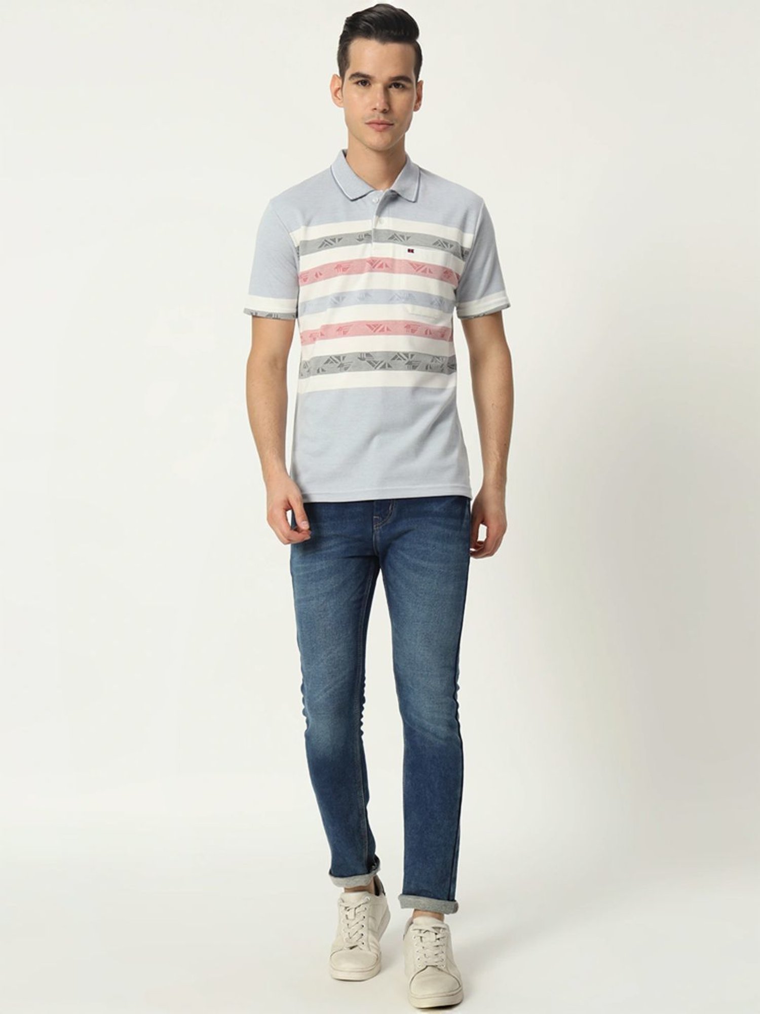 Tab91 Grey Regular Fit Striped Polo T-Shirts
