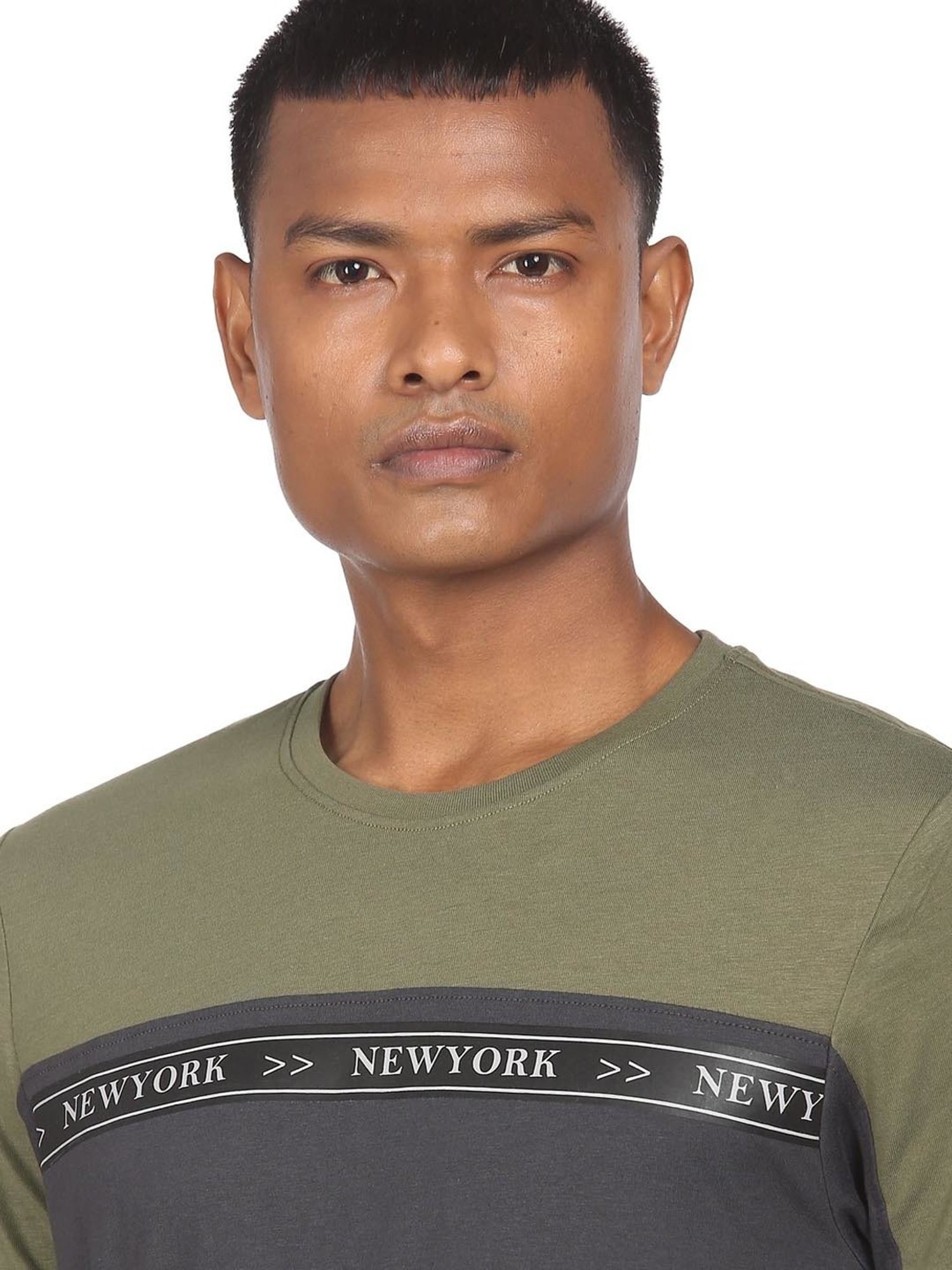 Arrow New York Olive & Grey Cotton Regular Fit Colour Block T-Shirt