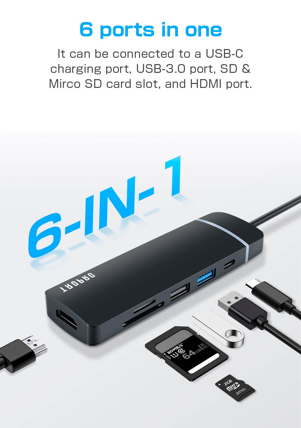 USB C Hub 6 in 1 Type-C Adapter Multiport (USB 3.0 + SD/TF Card Reader+4K HDMI+Type-C Port) Compatible for MacBook Pro/iPad Pro/HW MateBook/Chromebook and Other Type C Devices