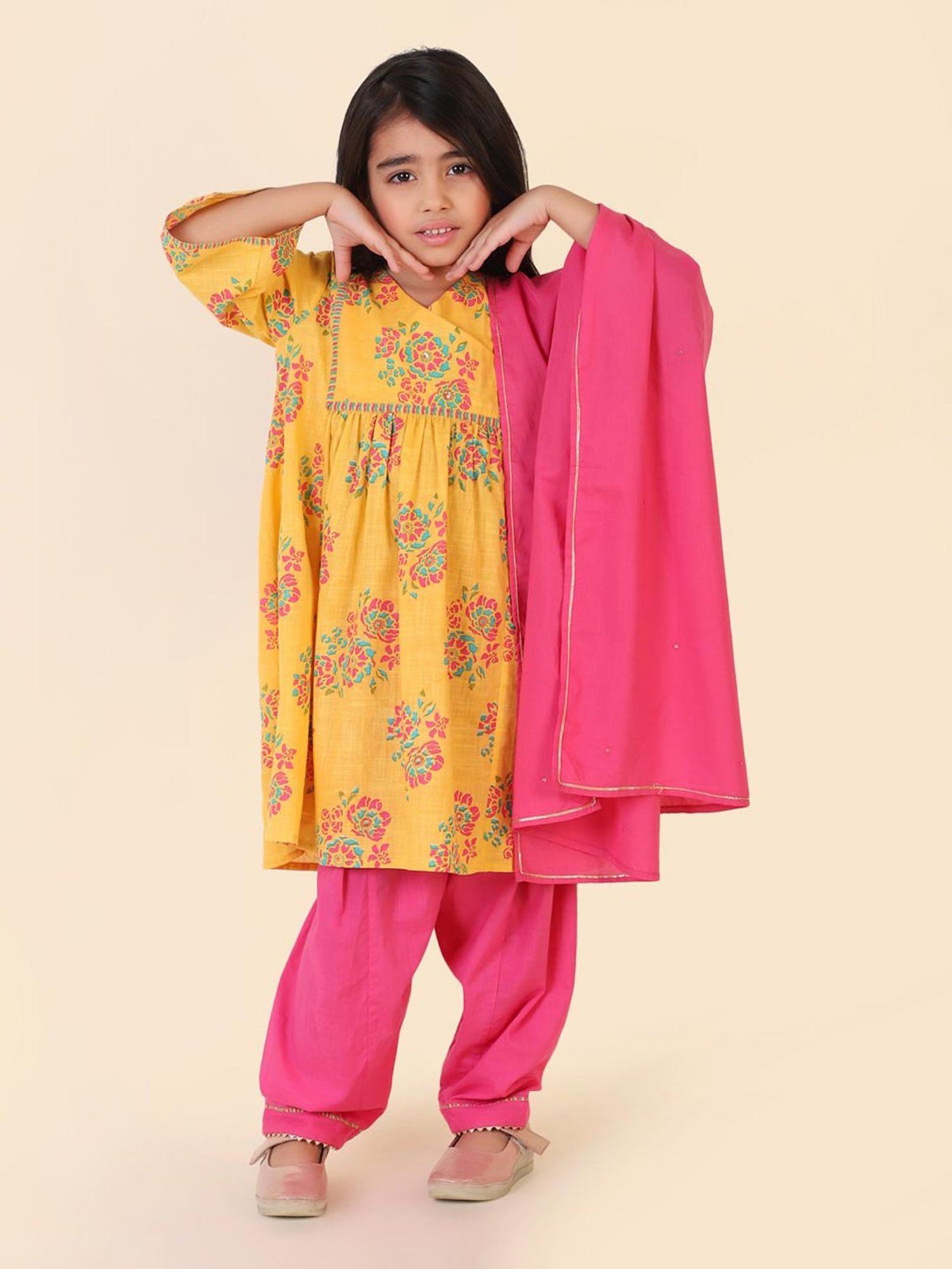 Fabindia Kids Yellow & Pink Floral Print Kurta, Salwar with Dupatta