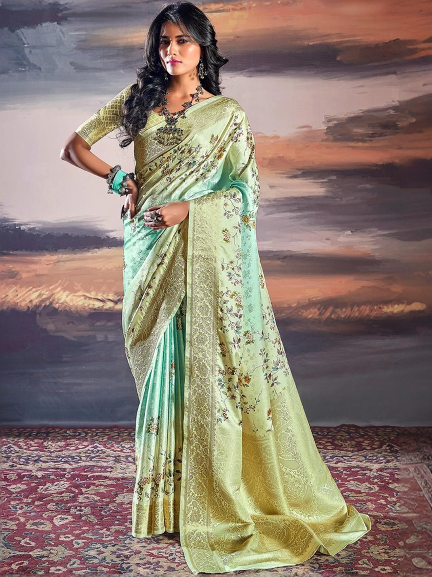 Unnati Silks Grey Cotton Printed Saree With Unstitched Blouse