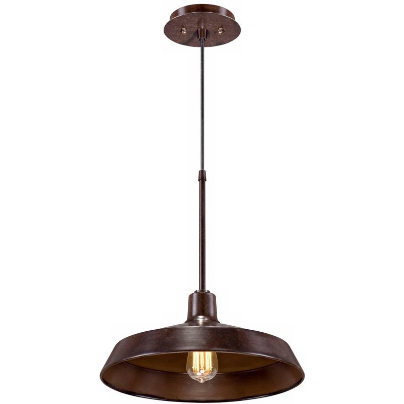 Franklin Iron Works Warm Bronze Pendant Light 15" Wide Farmhouse Industrial Inverted Flat Bowl Shade Fixture for Kitchen Island