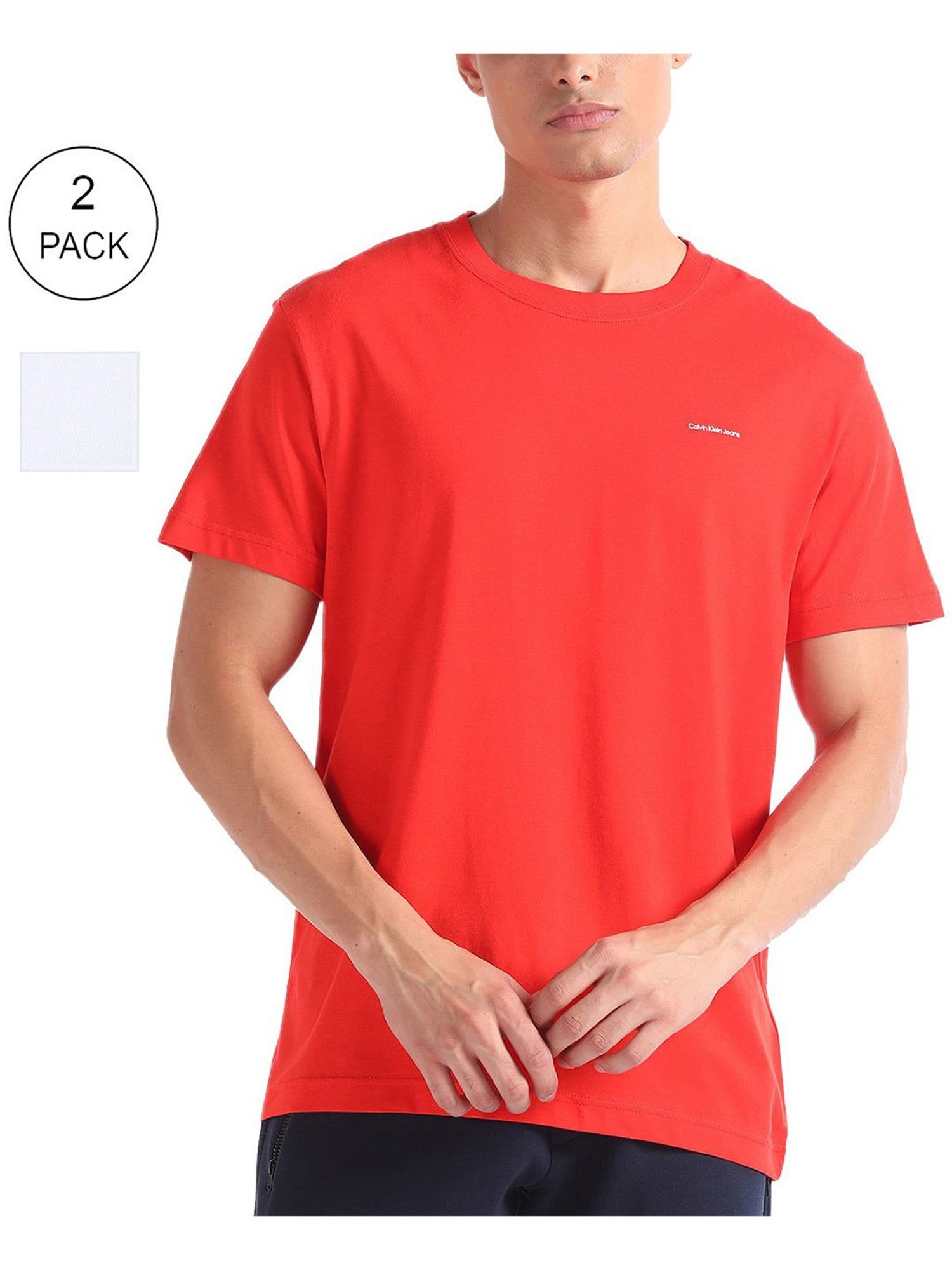 Calvin Klein Jeans Fiery Red & Bright White Regular Fit T-Shirt - Pack of 2