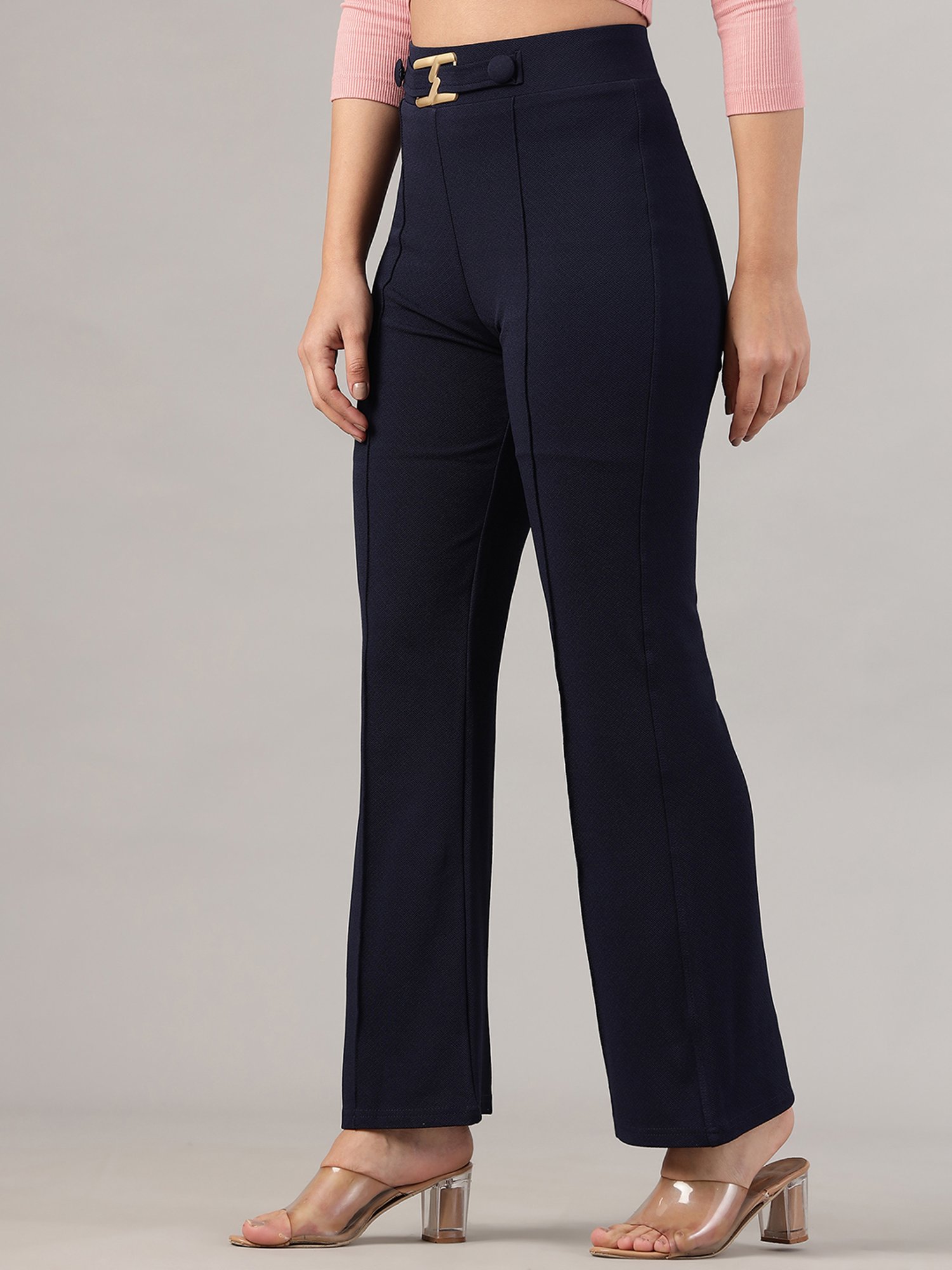 FITHUB Navy Regular Fit High Rise Trousers