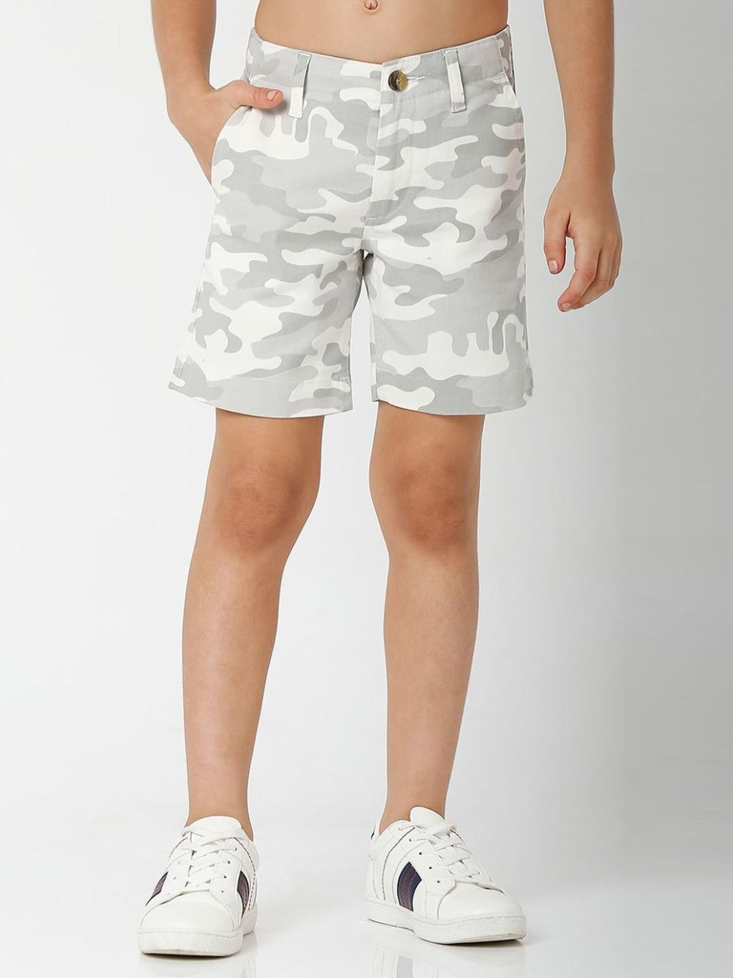 Gas Kids White & Grey Cotton Camouflage Shorts