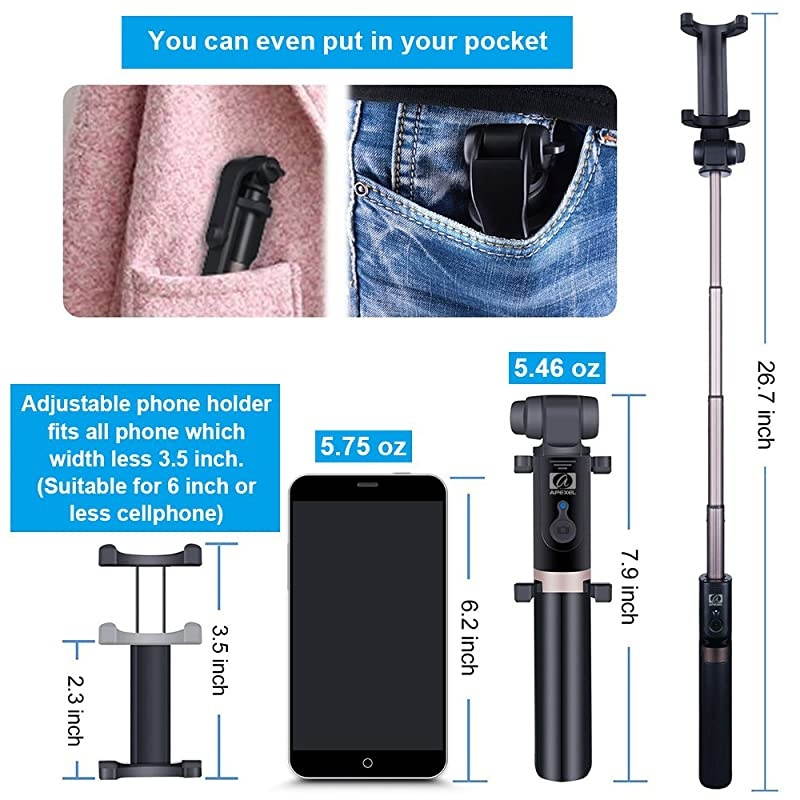 2-in-1 Extendable Selfie Stick Monopod Tripod Stand with Wireless Remote Shutter for iPhone 11/11 Pro/11 Pro Max/XS/XS Max/XR/X/8/8+, Galaxy Note 10/10+/S10/S10+, OnePlus, Huawei and More