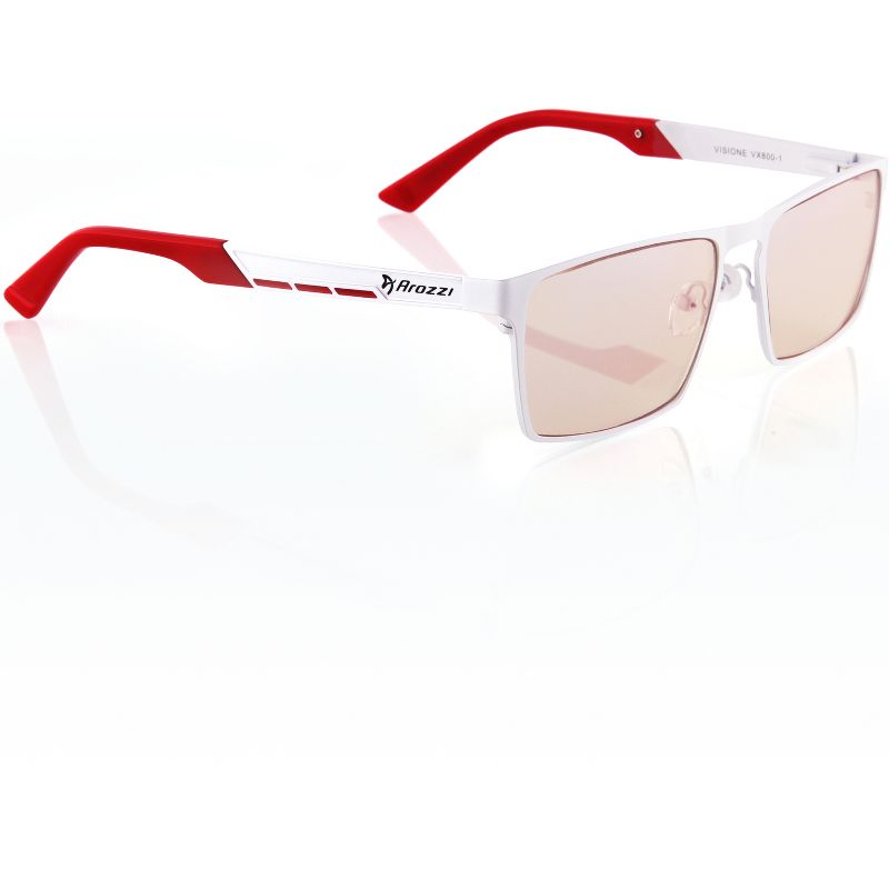 Arozzi Visione VX-800 Computer Blue Light Blocking Gaming Glasses, White & Red Stainless Steel Frame, Tinted Purple Lens (VX800-1)