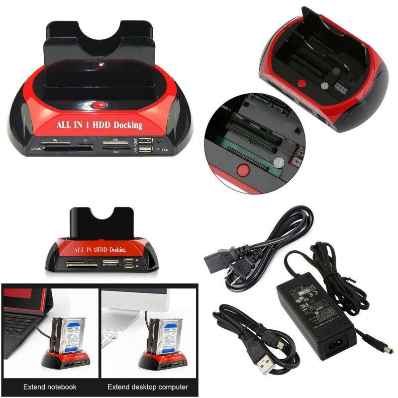 USB 2.0 HDD Docking Station IDE SATA Dual USB Clone Hard Drive Card Reader