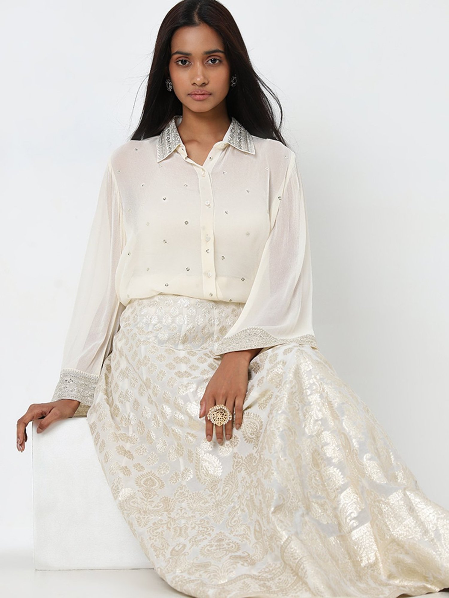Vark by Westside Off-White Embellished Shirt, Inner and Skirt Set